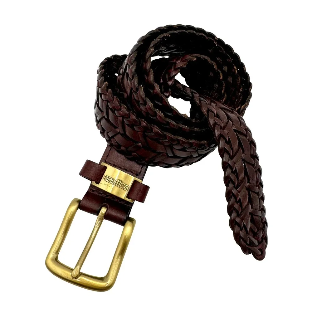 Nautica Braided Woven Genuine Leather Belt Men 36 Brown Classic Casual 93515 Y2K